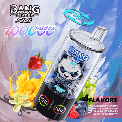 A tall, transparent vape juice bottle with a blue-eyed white wolf mascot and Bang Leader Stoll branding, angled against a vibrant purple and blue background and advertising four flavors: strawberry mango, blue razz lemonade, vanilla ice cream, and sour triple berry.