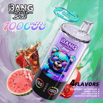 Colorful vape device with a purple bottle labeled Bang Leader Stoll, featuring a blue bear mascot wearing sunglasses, promoted as a 4-in-1 flavor range with flavors strawberry watermelon, cherry cola, juicy peach ice, and grapefruit refresher.