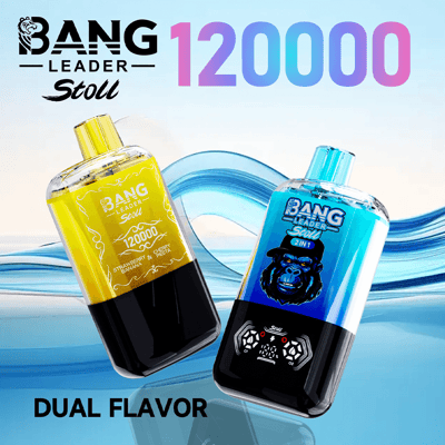 Due bottiglie di bevande energetiche Bang Leader Stoli, con etichetta gialla a sinistra e blu a destra, inclinate su uno sfondo blu ondulato con una grande sfumatura '120000' nella parte superiore e 'Dual Flavor' nella parte inferiore.