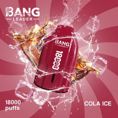 A red Bang Leader vape device labeled Cola Ice is shown amid splashing liquid and ice blocks against a pink spiral background.