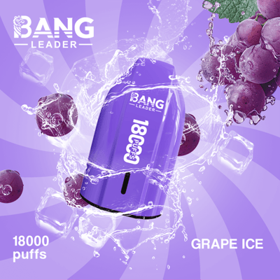 A purple Bang Leader disposable vape device featuring 18000 puffs, Grape Ice flavor, shown with grapes and ice cubes against a purple background.