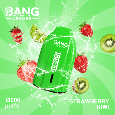 A bright neon-green Bang energy can center-stage with splash effects, surrounded by strawberry halves and kiwi slices on a vivid green background, with the words 'Strawberry Kiwi' and '18,000 puffs' visible.