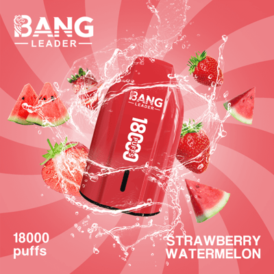 Red Bang Energy can with Strawberry Watermelon flavor shown mid-splash, surrounded by watermelon and strawberry slices against a pink swirled background.