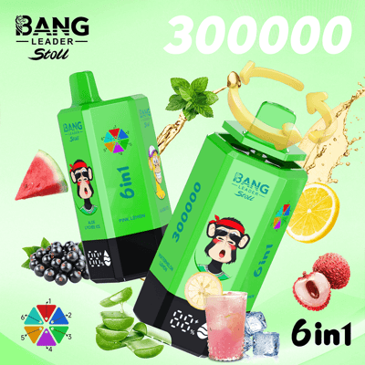 Bright green promotional poster for Bang Leader Stoll 6in1, featuring two green rectangular drink sachets with cartoon monkey labels, surrounded by fruits such as watermelon, grapes, lime, lemon and orange, with bold 6in1 and 300000 text on a lime-green background.