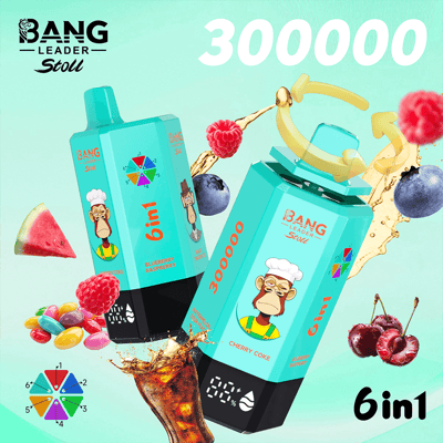 Promotional image with two turquoise Bang energy drink cartons featuring a cartoon chef, the '6in1' label, and a color-wheel graphic; floating fruit such as watermelon, raspberries, blueberries, and cherries with splash effects on a light aqua background, and a large white '300000' at the top.