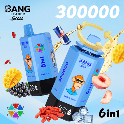 Bright promotional image with two blue Bang energy drink cartons labeled 6in1, surrounded by assorted fruits (mango, pineapple, peaches, berries), ice cubes, and a mid-air can, set against a light blue background with a bold white 300000 at the top.