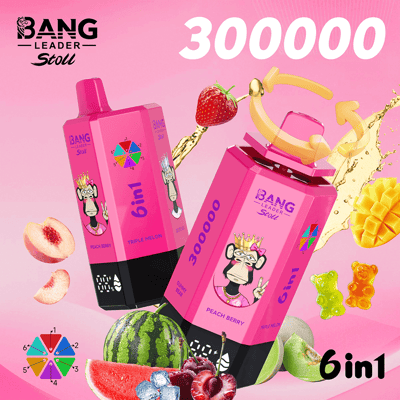 Bright pink promotional scene with three pink Bang energy drink cartons labeled 6in1, featuring flavors like peach berry and triple melon, surrounded by strawberries, peach slices, watermelon, pineapple, and mango, against a pink gradient background with a large white 300000 and a golden decorative element.