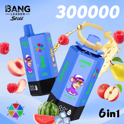 Two blue energy drink bottles with a cartoon monkey mascot and colorful labels, surrounded by floating fruit slices and gold splash graphics, promoting a 6in1 Watermelon Ice flavor with a large 300000 graphic above.