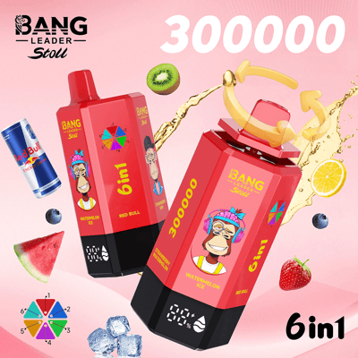 Bright pink promo with two red BANG Leader Stoll 6in1 drink pouches, cartoon monkeys, 300000, fruit, ice, and a Red Bull can.