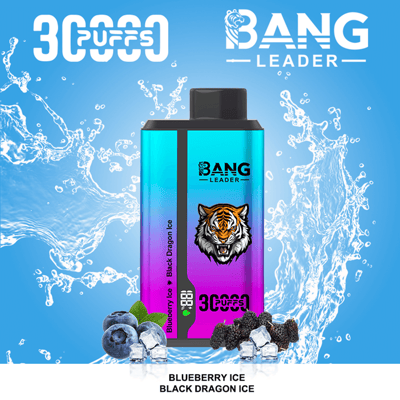A Bang Leader vape device with a blue-to-purple gradient label featuring a tiger emblem and flavor Blueberry Ice Black Dragon Ice, set against a bright blue splash background with ice cubes and berries and the text 30,000 puffs in the corner.