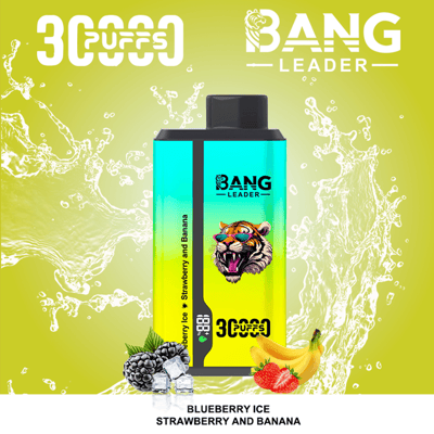 Bang Leader energy drink bottle with a teal to yellow gradient label featuring a tiger logo, flavor Blueberry Ice Strawberry and Banana, against a lime splash background with fruit imagery.