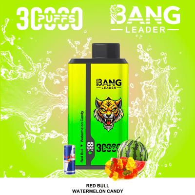 Neon green Bang Leader vape mod with a bold tiger logo, black vertical stripe, and Watermelon Candy label, set against a lime splash background with decorative watermelon and candy imagery and 30,000 puffs text.
