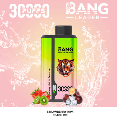 Bang Energy bottle with a neon green to pink gradient and a tiger logo, flavor Strawberry Kiwi Peach Ice, displayed against a pink splash background with strawberries, kiwi slices, grapes and ice cubes in the foreground.