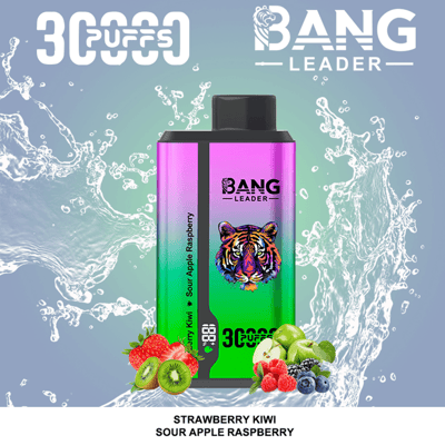 Bang Leader vape bottle with a pink-to-green gradient label and tiger artwork, surrounded by fresh strawberries, kiwis, raspberries, and blueberries, against a blue splash background, with flavor text reading Strawberry Kiwi • Sour Apple Raspberry.