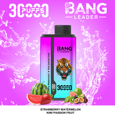 A Bang Leader vape device with a purple-to-blue gradient body and black mouthpiece, featuring a tiger graphic on the label, set against a bright pink background with splashy graphics and surrounded by watermelon and kiwifruit, with the flavor text Strawberry Watermelon Kiwi Passion Fruit at the bottom.