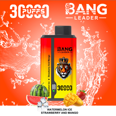 Vibrant orange background with splash graphics showcases a tall Bang Leader e-liquid bottle with a red-to-yellow gradient label and a tiger emblem, flanked by images of watermelon, strawberry, and mango; flavor text reads Watermelon Ice Strawberry and Mango.