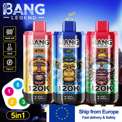 Tre bottiglie di succo di vape Bang Legend 5in1 con grafica colorata a tema scimmia e marchio 120K (rosa, blu e rosso) disposte su uno sfondo blu sfumato; un pannello di icone verticale mostra bobina a rete, 50 ml e Type-C sulla sinistra, mentre uno striscione di una nave europea proveniente dall'Europa si trova in basso.