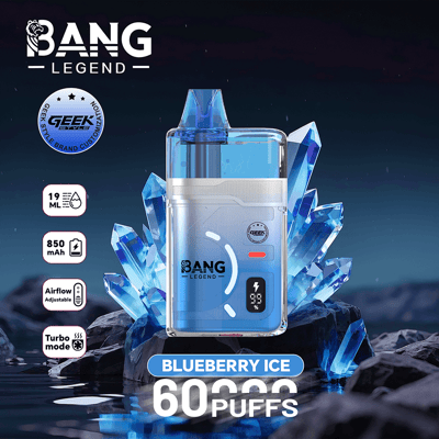 Blueberry Ice Bang Legend disposable vape pod with a blue and clear body, displayed amid crystalline blue ice formations, noting 60 puffs, 850 mAh battery, adjustable airflow, and turbo mode.