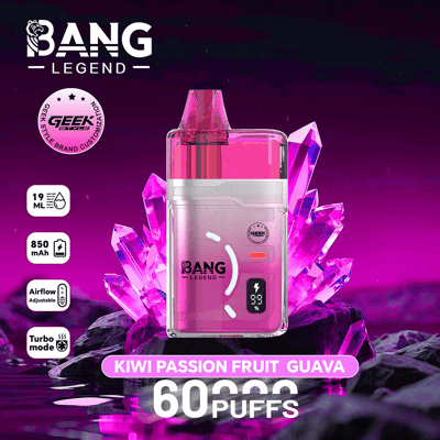 Pink Bang Legend disposable vape with a transparent pink body, shown among purple crystals, labeled Kiwi Passion Fruit Guava and 60 puffs, with icons for 19 mL e-liquid, 850 mAh battery, adjustable airflow, and turbo mode.