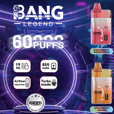 Annuncio promozionale per vaporizzatori usa e getta Bang Legend con testo in grassetto '60 PUFFS', icone per succo da 19 ml, batteria da 850 mAh, flusso d'aria regolabile e modalità turbo ed etichette per aromi Strawberry Watermelon e Strawberry Mango accanto a dispositivi rosa e arancioni su uno sfondo viola neon.