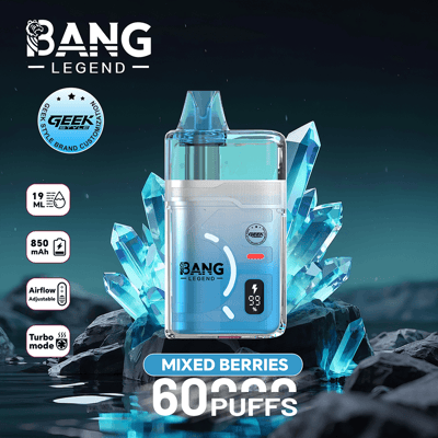 Blue Bang Legend disposable vape in front of blue crystal formations, highlighting mixed berries flavor and specifications: 60 puffs, 850 mAh battery, 19 ml capacity, adjustable airflow and turbo mode.