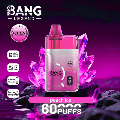 Pink Bang Legend vape with peach ice flavor, clear pink mouthpiece, set among purple crystals, advertising 60,000 puffs.