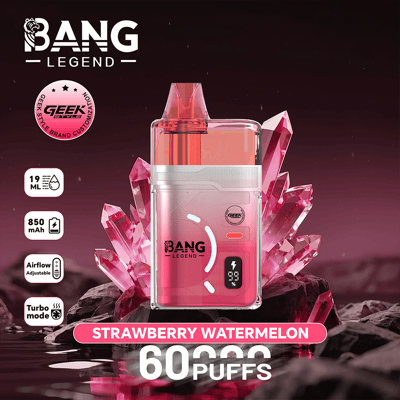 Pink Bang Legend disposable vape pod with Strawberry Watermelon flavor, displayed against a pink crystal background, highlighting 60 puffs, 850 mAh battery, 19 mL capacity, adjustable airflow, and turbo mode.