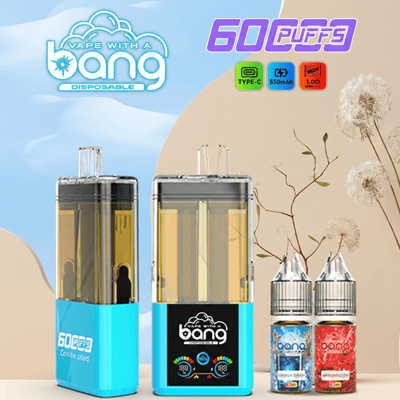 Two Bang disposable vape devices with blue bases and clear tanks, plus two flavor e-liquid bottles, shown against a blue and beige abstract background.