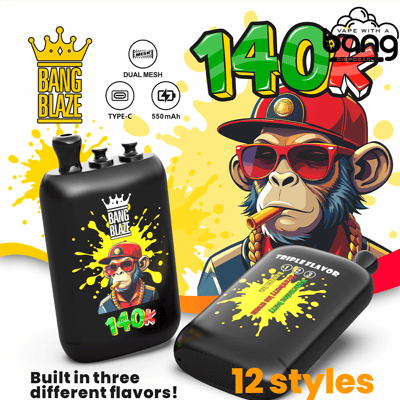 Two black Bang Blaze vape devices with yellow paint-splatter logos, bold 140k label, and 12 styles.