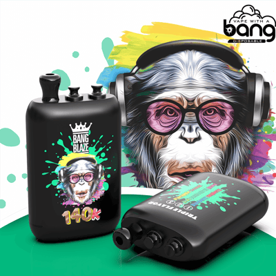 Black vape mod with neon green paint-splatter and Bang Blaze logo, beside a small pod; colorful background.
