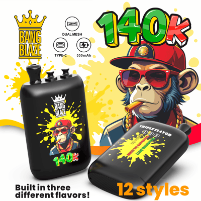 Dispositivo di vaporizzazione a doppia rete Bang Blaze 140k con tre opzioni di sapore, sfondo giallo brillante, due dispositivi neri, testo “12 stili” in arancione e un motivo di gorilla a fumetti.