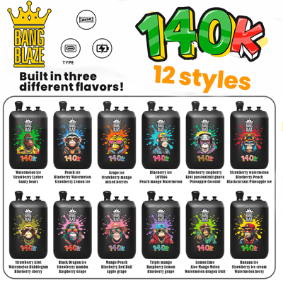 Bang Blaze energy drink bottles in two rows, 12 styles with colorful labels and fruit flavors.