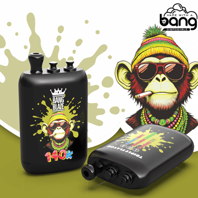 Two black vape pods featuring a cartoon monkey wearing sunglasses and beads against splash background; 140K label.