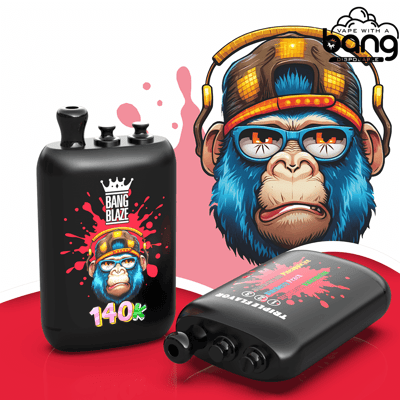 Black vape devices featuring a cartoon blue monkey with glasses and orange cap; large gorilla with headphones in background.
