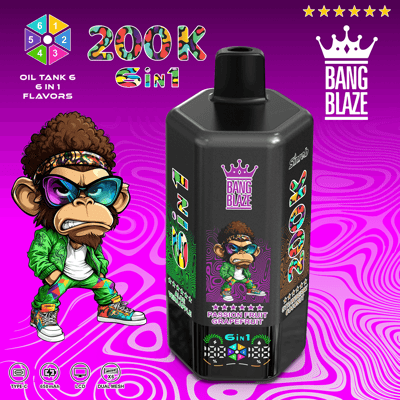 Große schwarze Bang Blaze-Öltank-Flasche mit 6-in-1-Geschmacksrichtungen vor einem lebhaften lila Wirbelhintergrund, mit einer Cartoon-Figur.