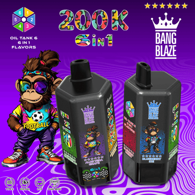 Vibrant purple Bang Blaze ad with two black vape bottles, a cartoon monkey mascot in colorful clothes, and the bold 200K GIN1 text