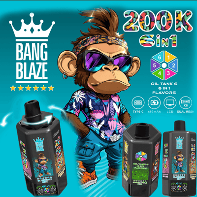 Cartoon monkey in a floral shirt and mirrored sunglasses stands beside black vape mods with Bang Blaze branding.