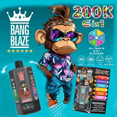 Cartoon monkey in sunglasses and a tropical shirt stands beside Bang Blaze branding and the colorful 200K Sin1 graphic.