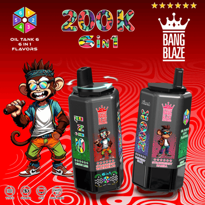 Two Bang Blaze 6-in-1 vape bottles with a cartoon monkey mascot on a red swirl background; flavors Strawberry Watermelon and Strawberry Mamba.