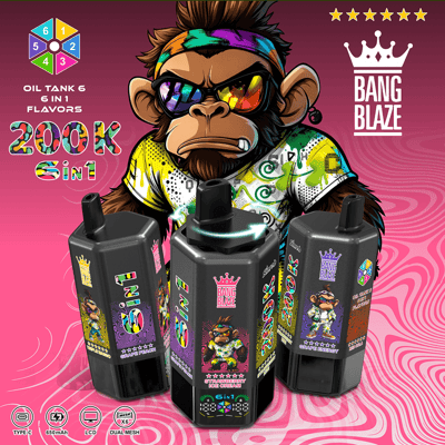Cartoon monkey in a rainbow headband and sunglasses stands above black vape tanks with labels on a Bang Blaze background.