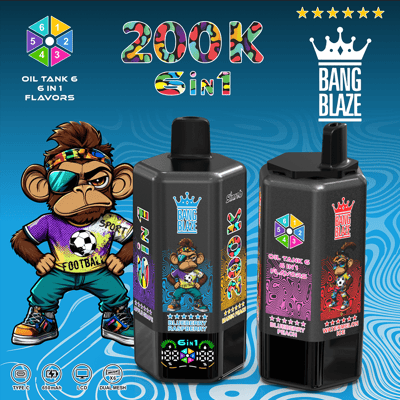 Cartoon monkey in sunglasses stands beside two black Bang Blaze vape bottles, 6 in 1 flavors, with blueberry and watermelon.