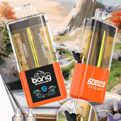 Two orange disposable vape pens with clear pods and Vape with a Bang branding, set against a mountain landscape.