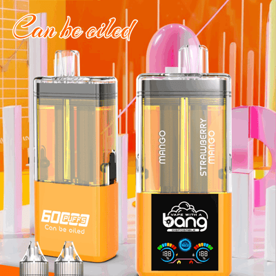 Two orange disposable vape pens with clear pods on a bright orange backdrop, mango and strawberry mango flavors, 60 Puffs.