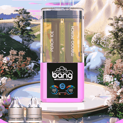 Vibrant Bang disposable vape with Peach Ice and Mango Peach tubes, pink base, beside two e-liquid bottles.