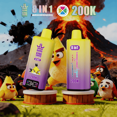 Deux flacons à vape Bang King jaune à violet étiquetés 8 en 1 et 200K, avec des personnages d'Angry Birds et une éruption volcanique.