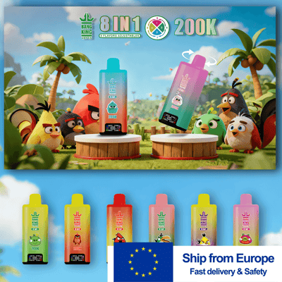 Vivace pubblicità a fumetti che mostra due dispositivi di vaporizzazione a gradiente su piedistalli tra uccelli tropicali, con file di bottiglie di vaporizzazione colorate sotto e uno striscione con bandiera dell'UE.