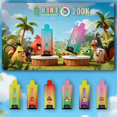 Angry Birds themed display of colorful e-liquid bottles, two tall on podiums with six below, labeled 8 in 1 and 200K.