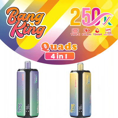 Confezione luminosa a tema arcobaleno per Bang King Quads 4 in 1, che mostra due dispositivi di vaporizzazione 4 in 1 con corpi sfumati e marchio “25x” prominente e testo Quads 4 in 1.