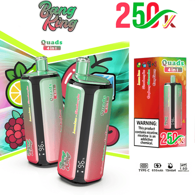 Two gradient pink-to-green Quads 4-in-1 vape devices with a bright product box against a colorful background.