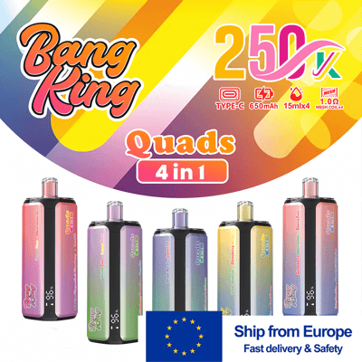 Lebendiges Bang King Quads 4-in-1-Vape-Kit mit sechs bunten Pods und einer großen 250X-Grafik sowie einem „Ship from Europe“-Abzeichen.